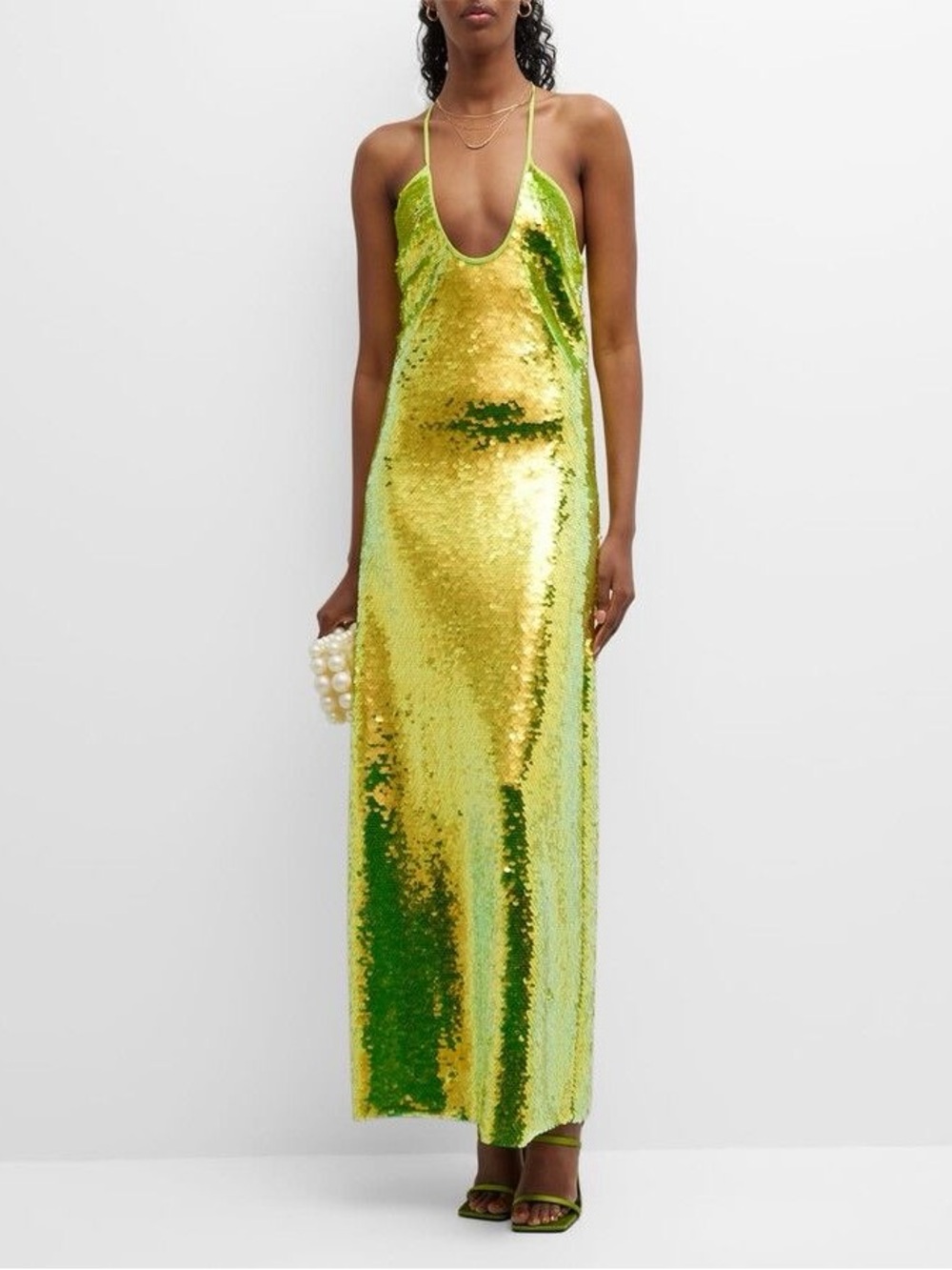 Cult Gaia NWT Lily Crisscross-Strap Sequin Maxi Dress in Acid Fern Green Medium - Picture 2 of 11